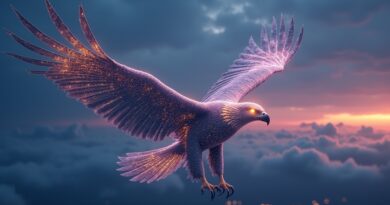 Orzeł z cyfrowych obwodów leci przez zmierzch, symbolizując luki w zabezpieczeniach danych.