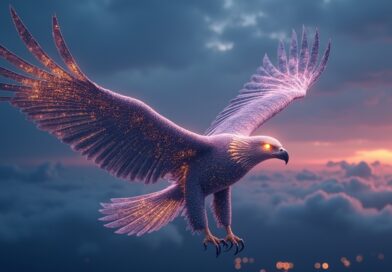Orzeł z cyfrowych obwodów leci przez zmierzch, symbolizując luki w zabezpieczeniach danych.