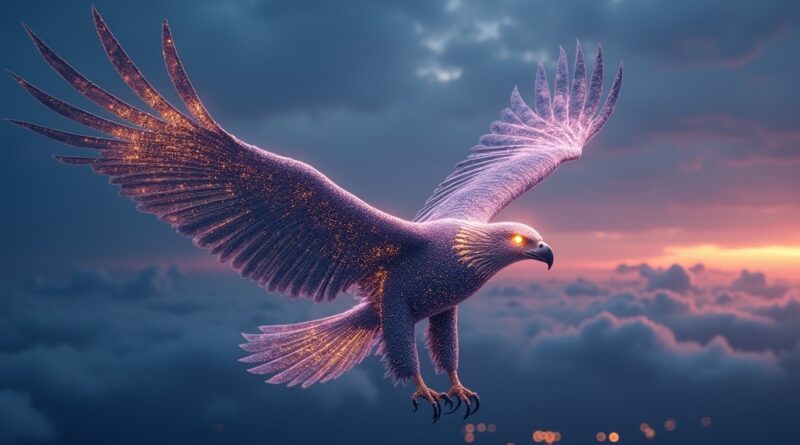 Orzeł z cyfrowych obwodów leci przez zmierzch, symbolizując luki w zabezpieczeniach danych.