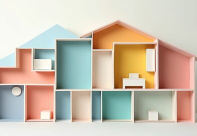 Plan domu z ruchomymi pokojami, jak puzzle, dopasowujące się ściany i drzwi.