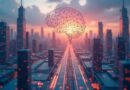 Futurystyczne miasto o świcie z elementami technologicznymi i ikoną AI, symbolizujące innowację.