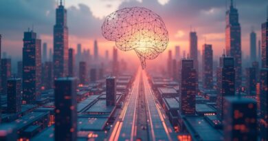 Futurystyczne miasto o świcie z elementami technologicznymi i ikoną AI, symbolizujące innowację.