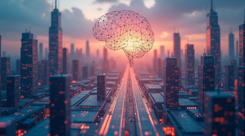 Futurystyczne miasto o świcie z elementami technologicznymi i ikoną AI, symbolizujące innowację.