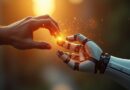 Ludzka ręka kierująca robotycznym ramieniem, symbolizująca współpracę i transfer danych.