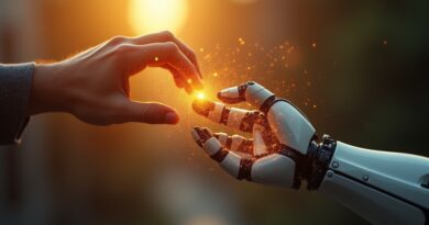 Ludzka ręka kierująca robotycznym ramieniem, symbolizująca współpracę i transfer danych.