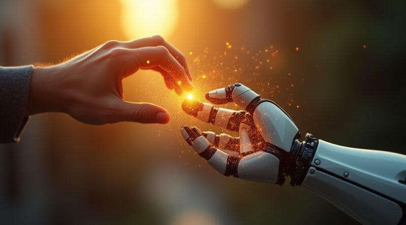 Ludzka ręka kierująca robotycznym ramieniem, symbolizująca współpracę i transfer danych.