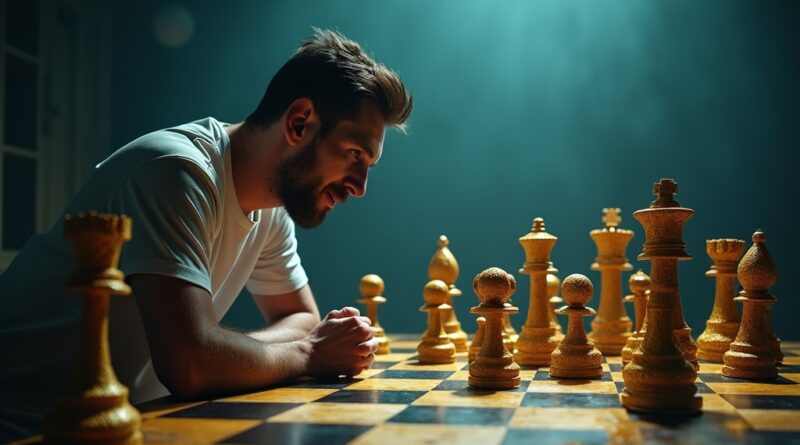 Messi z ChatGPT przy surrealistycznej, źle ustawionej szachownicy, styl cyfrowy.