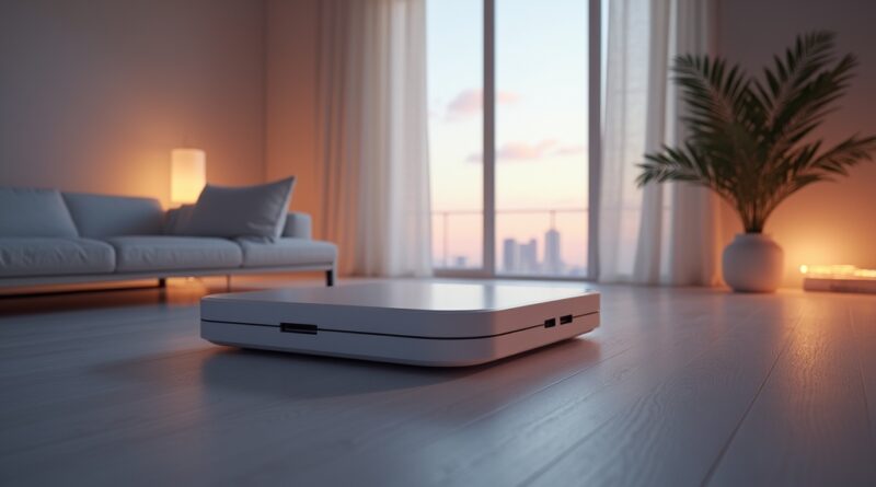 Futurystyczny dom, minimalistyczne urządzenie USB-C symbolizujące łączność i integrację AI.