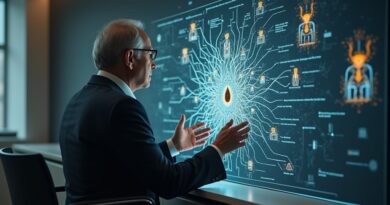 Profesor analizuje schemat sieci neuronowej, oddzielając go od figur AI, w minimalistycznej pracowni.