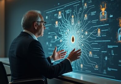 Profesor analizuje schemat sieci neuronowej, oddzielając go od figur AI, w minimalistycznej pracowni.
