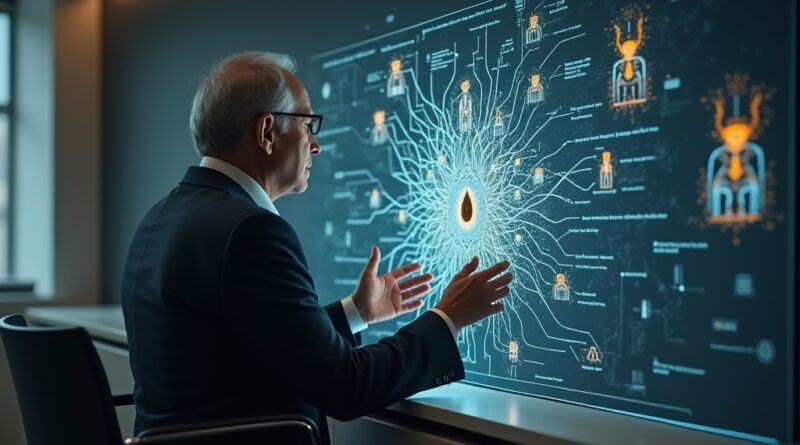 Profesor analizuje schemat sieci neuronowej, oddzielając go od figur AI, w minimalistycznej pracowni.