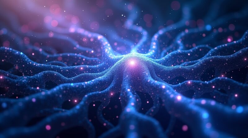 Futurystyczna, świetlista sieć neuronowa symbolizująca inteligencję i moc układów Maia.