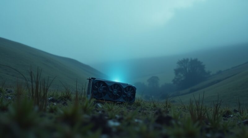 Porzucony, niebiesko świecący GPU Nvidii w mglistym, melancholijnym krajobrazie Essex.