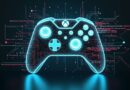 Stylizowana, świecąca płyta główna Xboxa z przepływającymi strumieniami danych.