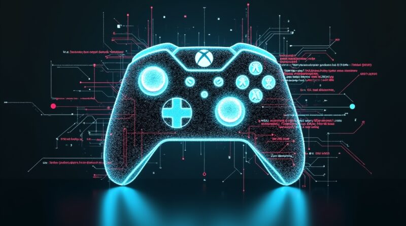 Stylizowana, świecąca płyta główna Xboxa z przepływającymi strumieniami danych.