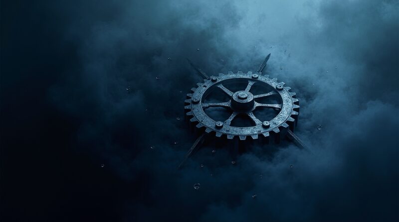 Mechanizm zegarowy zanurzony w ciemnym atramencie z unoszącymi się mglistymi oparami.