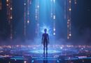 Eteryczny Kibitz na cyfrowej arenie w otoczeniu kodu, stylizowane na futurystyczną sztukę cyfrową.