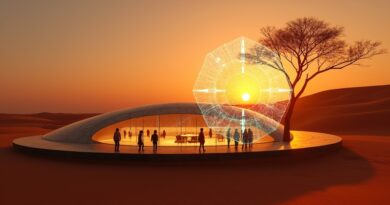 Zachód słońca nad czerwonymi wydmami Namibii, okrągły budynek z hologramami, akacja z obwodami elektronicznymi.