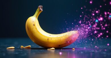 Stylizowana banan przechodzący w cyfrowe piksele, symbolizujący obniżkę cen i postęp technologiczny.