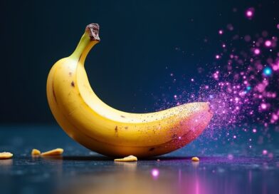 Stylizowana banan przechodzący w cyfrowe piksele, symbolizujący obniżkę cen i postęp technologiczny.
