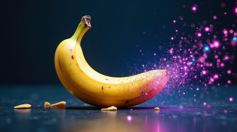 Stylizowana banan przechodzący w cyfrowe piksele, symbolizujący obniżkę cen i postęp technologiczny.