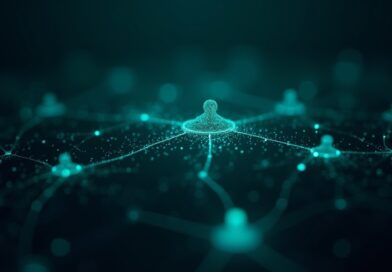 Abstrakcyjna sieć neuronowa z akcentem teal, symbolizująca uczenie maszynowe i przepływ danych.