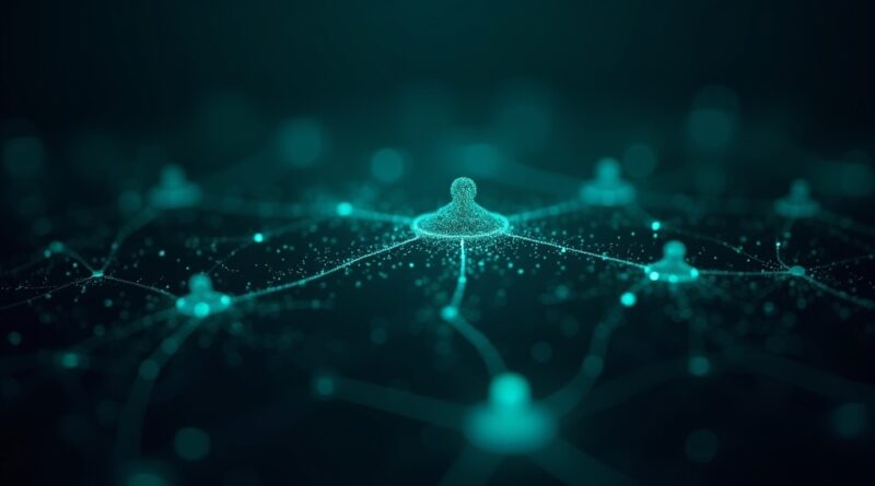 Abstrakcyjna sieć neuronowa z akcentem teal, symbolizująca uczenie maszynowe i przepływ danych.