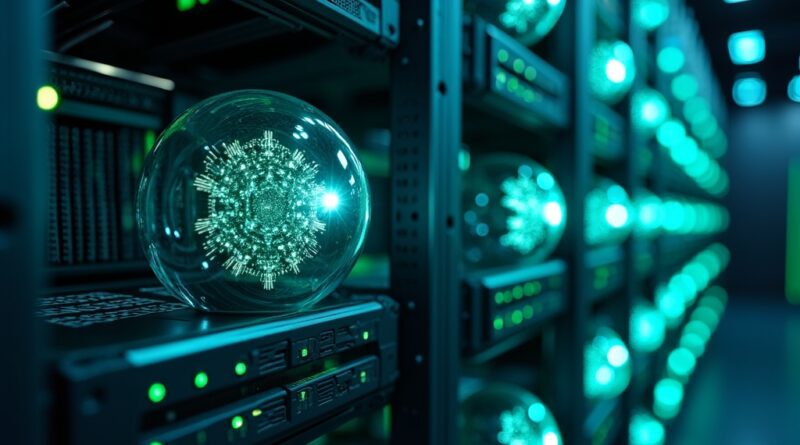 Futurystyczny serwer strzeże agentów AI w szklanych kulach, oświetlony błękitem i zielenią.