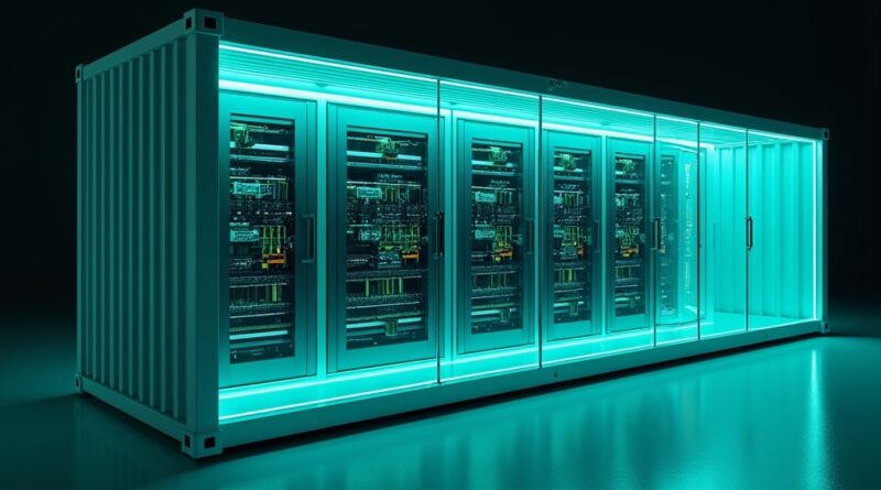 Kontenerowe centrum danych AI Nvidii z modułowymi, futurystycznymi systemami, oświetlone błękitno-zielonym blaskiem.