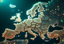 Abstrakcyjna sieć neuronowa z tendrilami na tle mapy Europy, symbolizująca innowacje i badania.