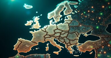 Abstrakcyjna sieć neuronowa z tendrilami na tle mapy Europy, symbolizująca innowacje i badania.