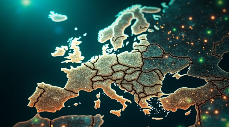 Abstrakcyjna sieć neuronowa z tendrilami na tle mapy Europy, symbolizująca innowacje i badania.