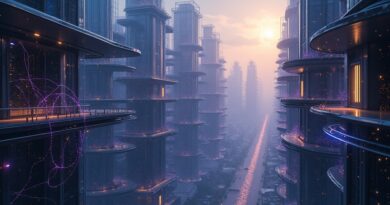 Futurystyczne miasto sieci neuronowych, innowacja, połączenie, potencjalne przejęcie.