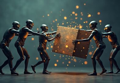 Agenci AI walczący z podniesieniem księgi, symbolizujący wyzwania skalowania systemów wieloagentowych.