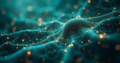 Połączenie biologicznych ścieżek i algorytmów AI w kolorach niebieskiego, zielonego i złotego.