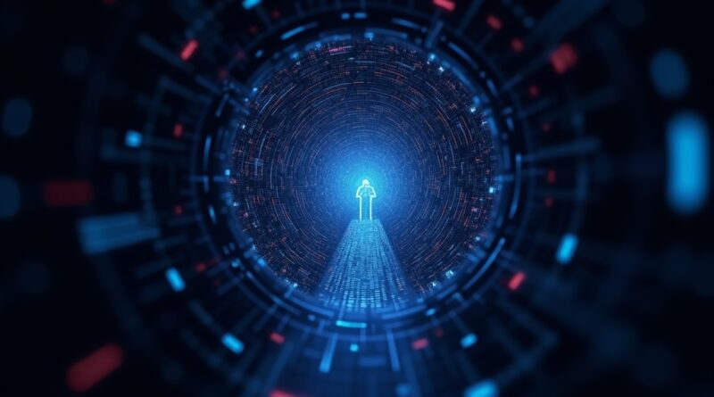 Abstrakcyjny klucz odsłaniający wir danych, symbolizujący cyberbezpieczeństwo i ryzyko.