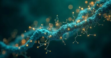 Sztuczna inteligencja i farmacja: synergia sieci neuronowych, struktur molekularnych i danych w odcieniach błękitu i złota.