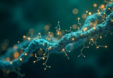 Sztuczna inteligencja i farmacja: synergia sieci neuronowych, struktur molekularnych i danych w odcieniach błękitu i złota.