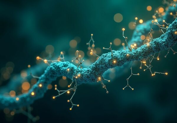 Sztuczna inteligencja i farmacja: synergia sieci neuronowych, struktur molekularnych i danych w odcieniach błękitu i złota.