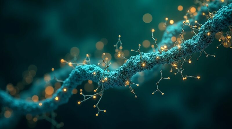 Sztuczna inteligencja i farmacja: synergia sieci neuronowych, struktur molekularnych i danych w odcieniach błękitu i złota.