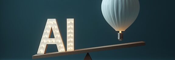 Waga z symbolem AI i opadającym balonem symbolizującym obniżoną wycenę OpenAI.