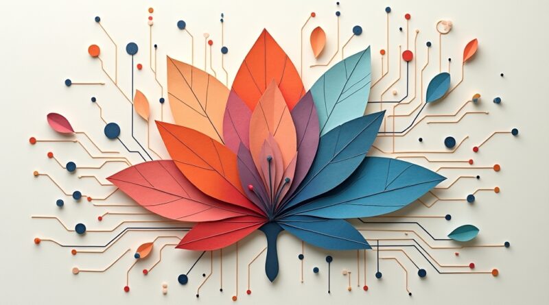 Abstrakcyjna grafika kolażu: układ scalony ewoluujący w kwiat, symbolizujący technologię i wzrost.