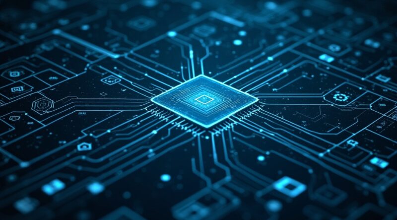 Cyfrowy szkic aplikacji biurowych, częściowo oświetlony, z minimalistycznym, technologicznym stylem.