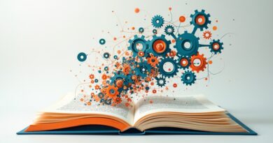 Papierowa kolażowa transformacja książki w cyfrową sieć zębatych elementów.