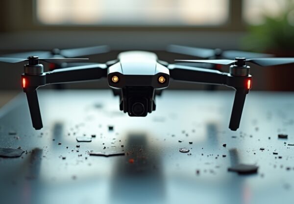 Autonomiczny dron nad metaliczną szachownicą bitwy danych i AI, symbolizując przyszłość wojny.