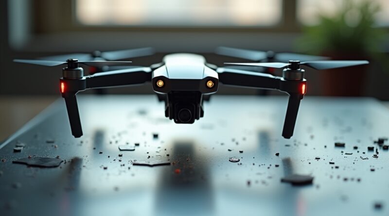 Autonomiczny dron nad metaliczną szachownicą bitwy danych i AI, symbolizując przyszłość wojny.