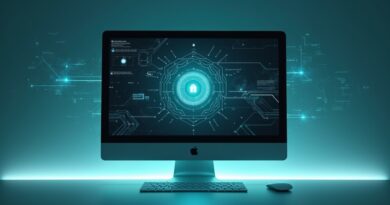 Minimalistyczny Mac w futurystycznym biurze, symbolizujący lokalne działanie Perplexity AI.