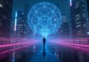 Cyberpunkowe miasto z neonowymi liniami danych i siecią neuronową w wirtualnym otoczeniu.