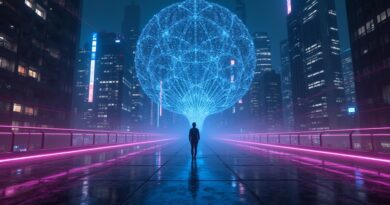 Cyberpunkowe miasto z neonowymi liniami danych i siecią neuronową w wirtualnym otoczeniu.