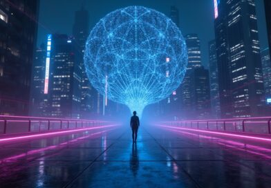 Cyberpunkowe miasto z neonowymi liniami danych i siecią neuronową w wirtualnym otoczeniu.